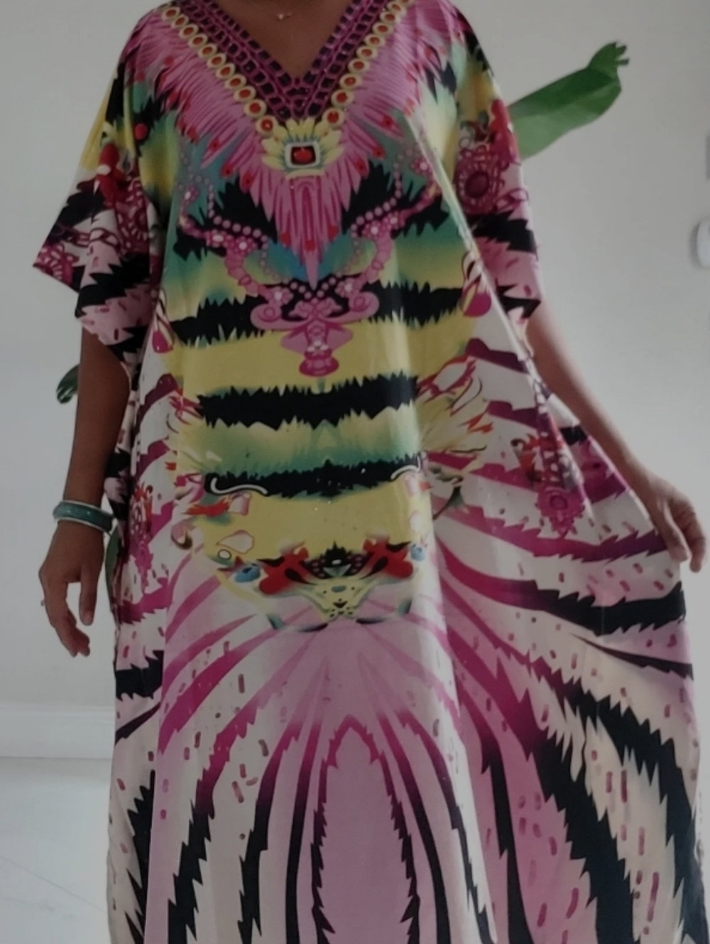 Rainbow Pink Stripe Tribal Kaftan Maxi Dress One Size - Picture 2 of 2